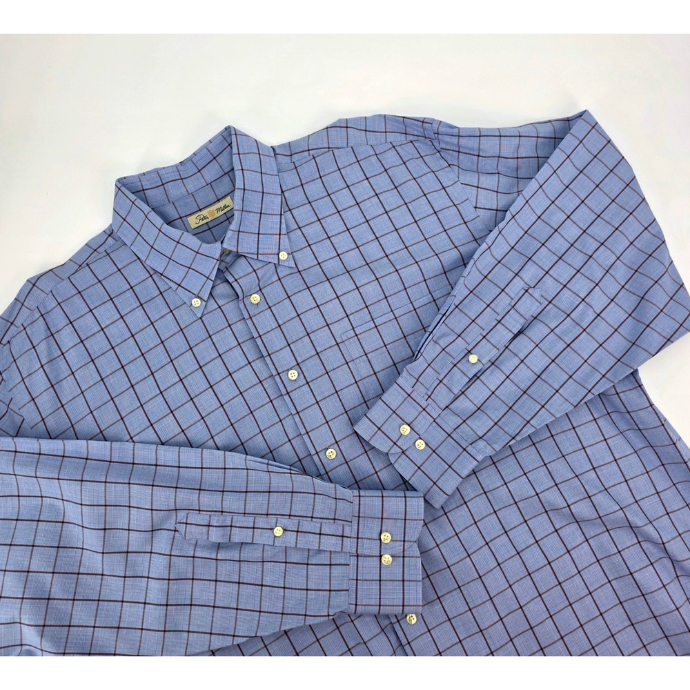 Peter Millar Mens XL Blue Burgundy Windowpane Check Button Down Shirt L/S Turkey
